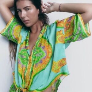 Zara cropped blouse top Women's XS NEW Oversize Tropical Colorful Cruise